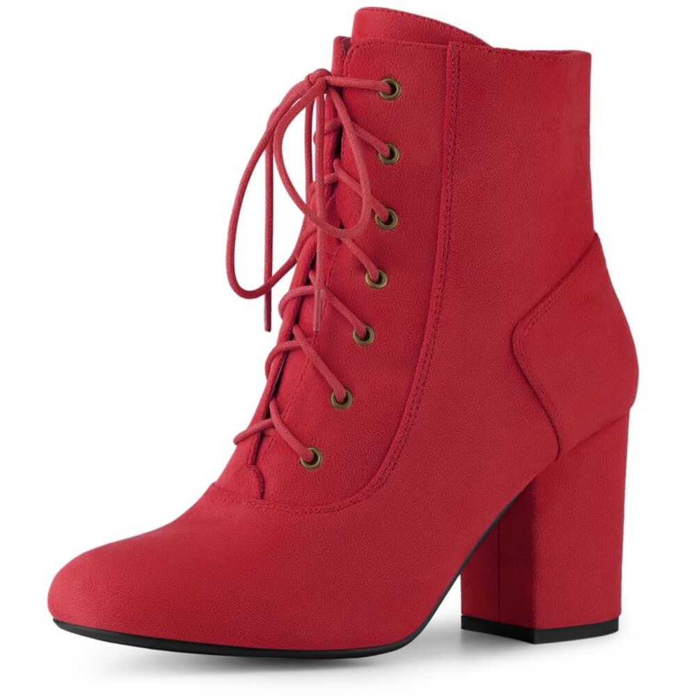 Round Toe Chunky High Heel Lace Up Red Ankel Boots for Women